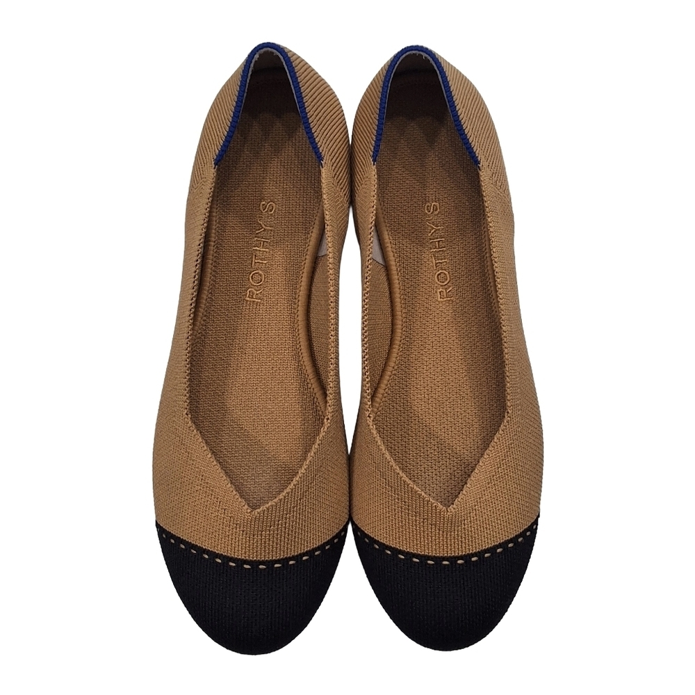 Rothys~Womens Round Camel Cap Toe Ballet Flats~Black Tan Slip On Shoes~Size 8.5